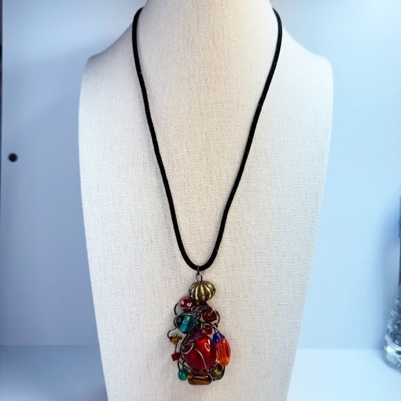 Metal Wire Wrap Multicolour Acrylic Beads Pendant Necklace Black Rope 18 inches - Picture 7 of 7